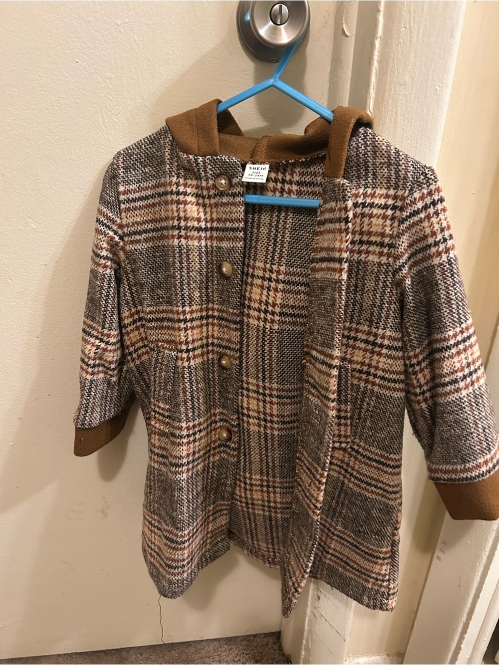 SHEIN Brown Plaid Hooded Pea Coat for Kids